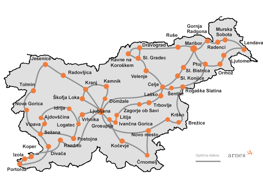 Zemljevid optičnih vlaken po Sloveniji.